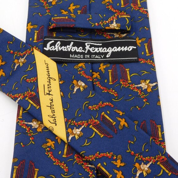 Salvatore Ferragamo Dark Royal Blue Silk Tie | Angels Doves Heaven's Gate | EUC - Picture 5 of 7